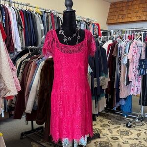 MINKPINK Fuchsia Lace Scoop Neck Mini Dress